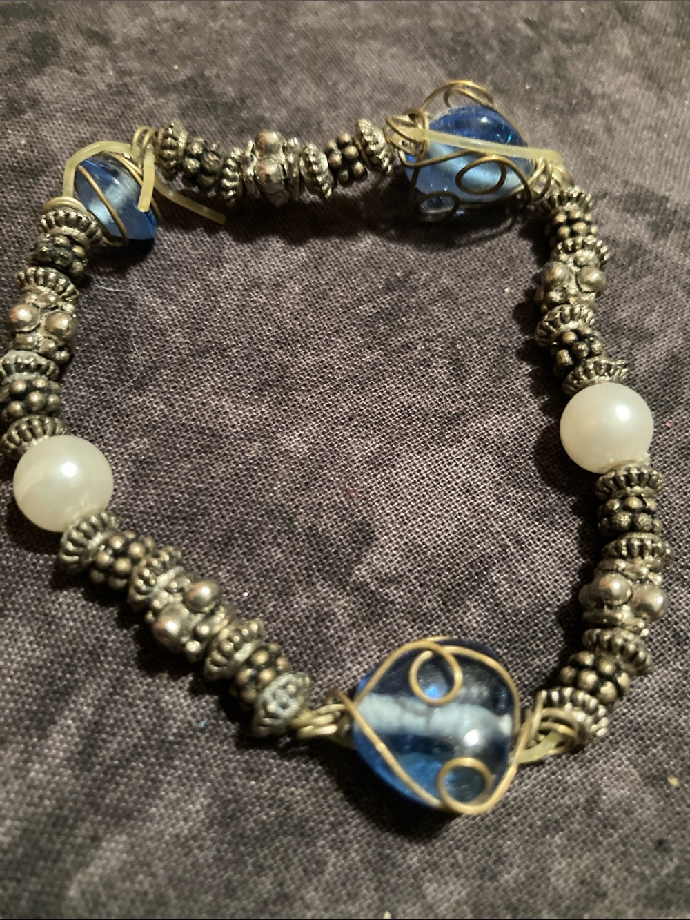 Blue Glass Bead and Silver-Tone Wire Wrapped Stretch Bracelet